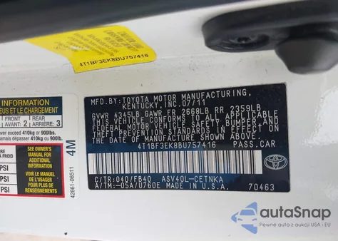 2011 Toyota Camry Le z USA, uszkodzony, nr VIN 4T1BF3EK8BU757416